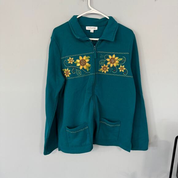 Breckenridge Teal Sunflower Full Zip Sweatshirt / Jacket Size Large w/ Pockets - Picture 1 of 8